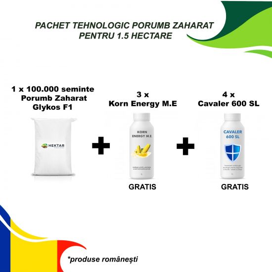 Pachet tehnologic complet pentru 1,5 HECTARE DE PORUMB ZAHARAT (100.000 seminte de porumb zaharat + 4 litri fungicid Cavaler + 4 litri ingrasamant foliar Korn Energy