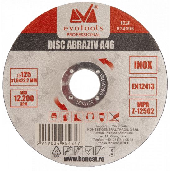Disc abraziv ETP A46, inox, diametru 115 mm, granulatie 46, grosime 1,6 mm, Evotools