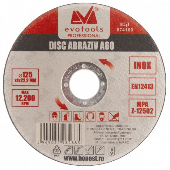 Disc abraziv ETP A60, inox, diametru 115 mm, granulatie 60, grosime 1 mm, Evotools
