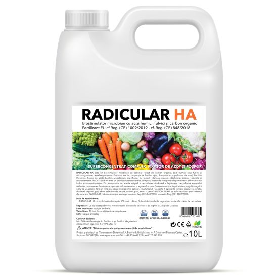 RADICULAR HA, Biostimulator microbian cu acizi humici, fulvici si carbon organic, picurare la radacina, bidon 10L