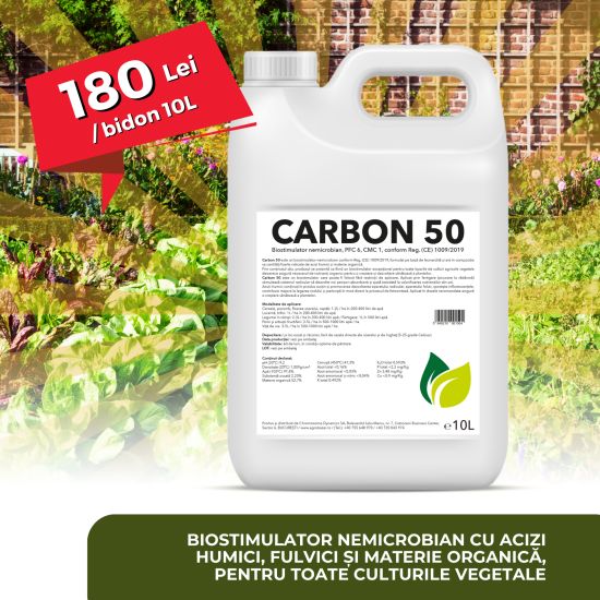 CARBON 50, biostimulator nemicrobian de tip PFC6, CMC1 cf. Reg. (CE) 1009/2019 cu acizi humici si fulvici si materie organica, pentru toate culturile vegetale, bidon 10 L