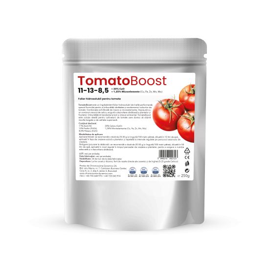 TomatoBoost, 11-13-8,5 + 20% CaO + 1,25% Microelemente (Cu, Fe, Zn, Mn, Mo), Foliar hidrosolubil pentru tomate, 250g